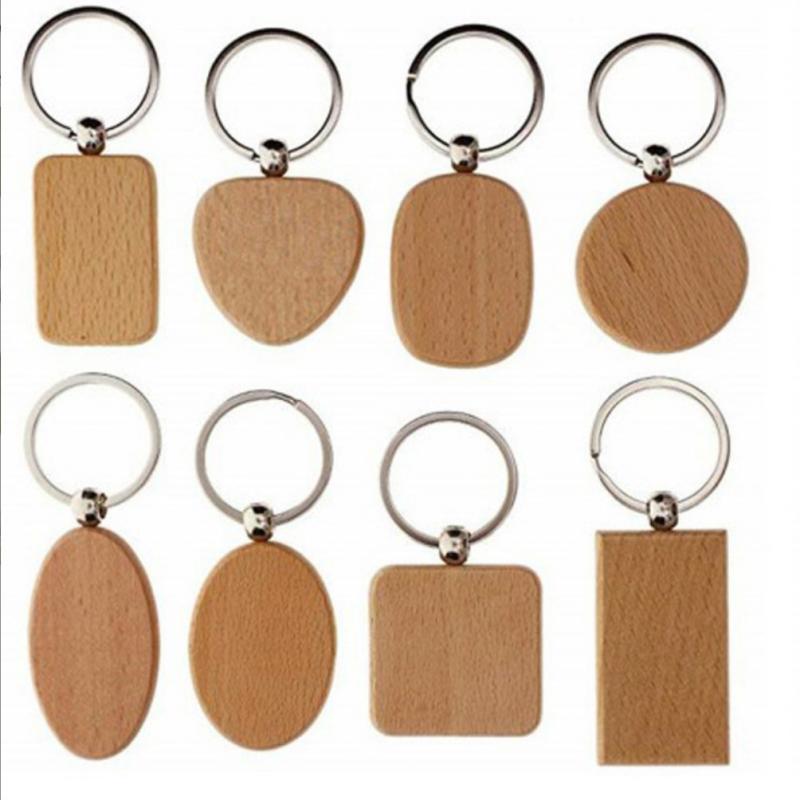 Hot Sales Wooden Key Tags Round Square Heart Shaped Engraved Keychain Wood Accessories DIY Gifts