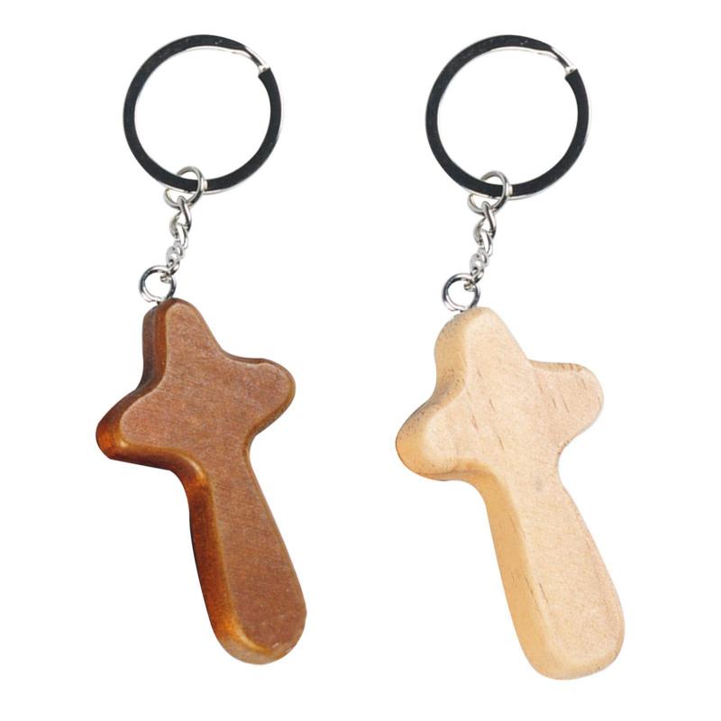  Wood Cross Pendant Keychain Fashion Wooden Catholic Keychains Unisex Key Bag Accessories