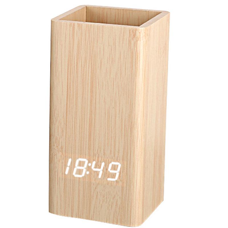 Creative Wooden Pen Holder With Electronic Alarm Clocks