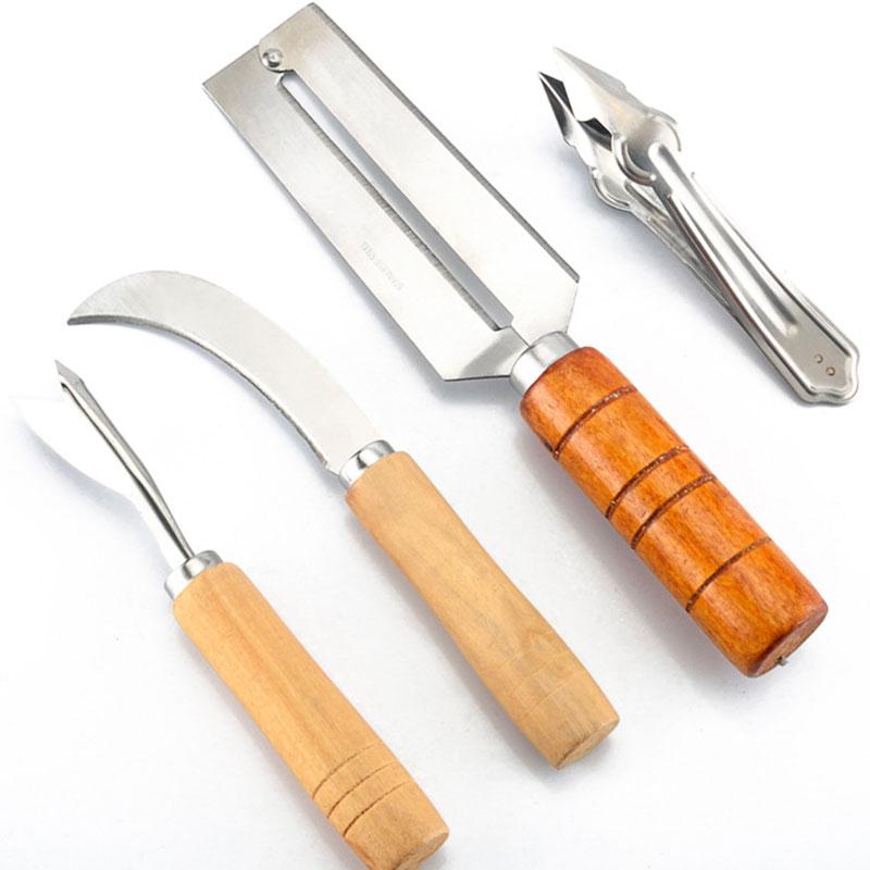 Four-piece Sugar Cane Pineapple Peeling Knife Set with Non-slip Wooden Handle