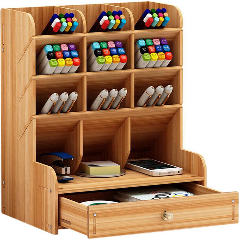 Bamboo Desktop Organizer with Drawer Wooden Desk File Document Organizer with Pen Holder Tabletop Stationery Storage