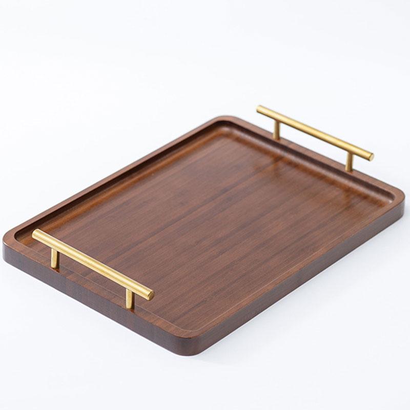 Rectangle Shape Bamboo Solid Wood Tray With Metal Handle For Home Decoration And Table Supplies