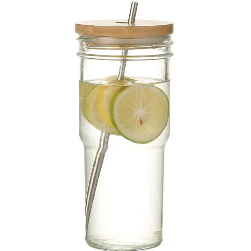 22 oz Blank Glass Jar with Bamboo Lids and Straw