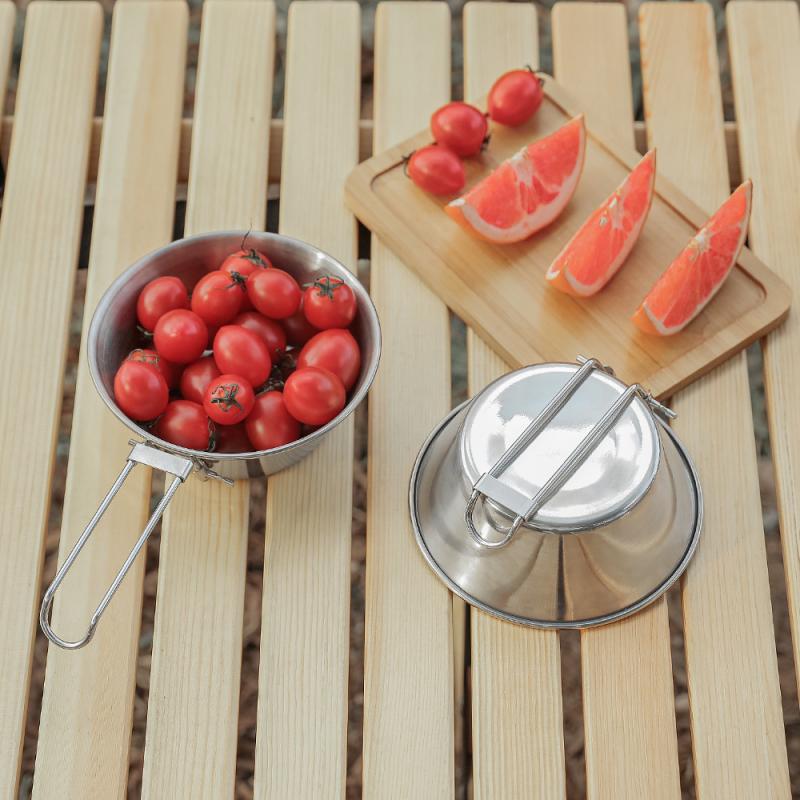 Portable Folding Handle Camping Bowl Stainless Steel Food Bowl For Outdoor Camping