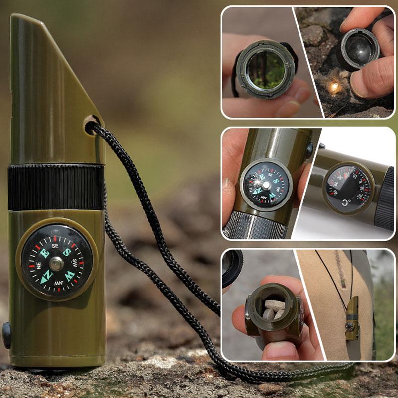 Outdoor 7 in 1 Mini Flashlight Magnifier Tool SOS Survival Kit Camping Survival Whistle with Compass Thermometer